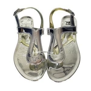 Silver Metallic Thong Sandals Women's Size 8.5 Mirrored T-Strap Buckle Closure